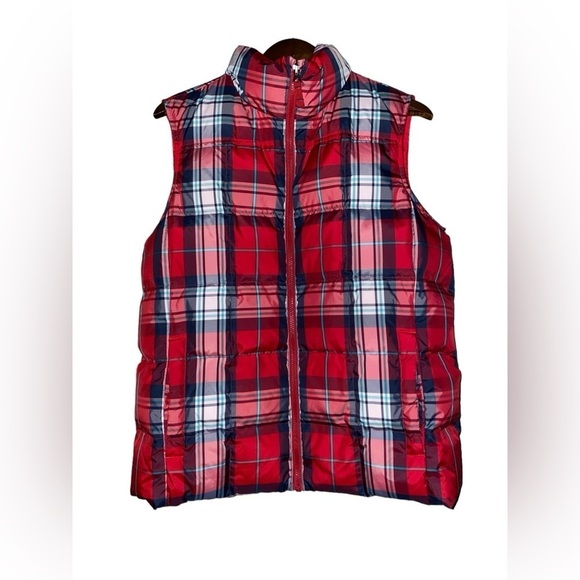 Lands' End Down Puffer‎ Red Plaid Vest Women L Hiking Walking Trails Gorpcore - Picture 1 of 9